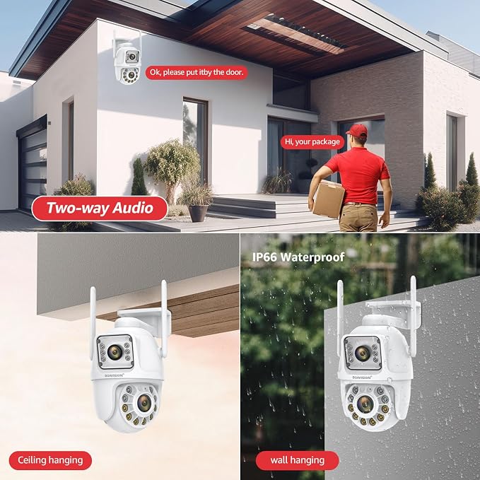 BOAVISION 2Pack 2.4G/5G WiFi Outdoor Security Camera, Dual Lens Wireless PTZ, 360° View, AI Human Tracking, Color Night Vision, 24/7 Recording, Two-Way Audio, Cloud & SD Card Storage