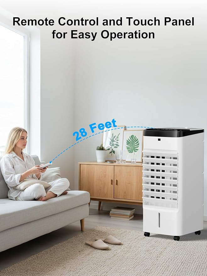 Uthfy 3 IN 1 Swamp Cooler, Portable Air Conditioner with Detachable Water Tank, 6 Ice Packs, 12H Timer, 120° Oscillation, Remote, 3 Speeds, 4 Modes, Evaporative Cooler for Bedroom, Office