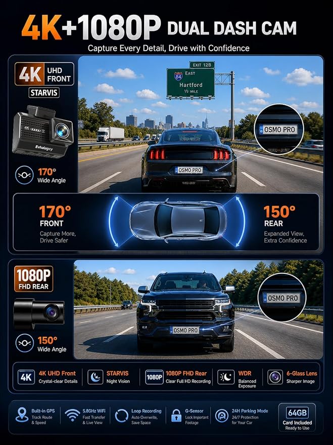 4K+1080P Dash Cam Front and Rear, Osmo Dashcam pro with STARVIS Night Vision, Multi-Vent Dash Camera for Cars, Built-in GPS, G-Sensor & Loop Recording, 5.8GHz WiFi, with 64GB Card, 24H Parking Mode