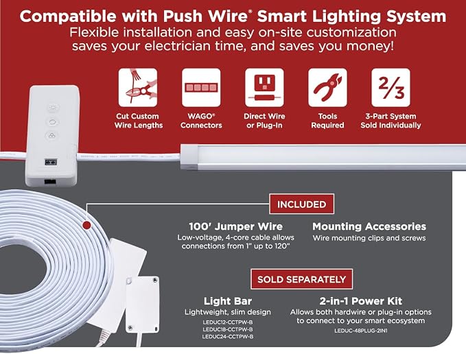 PureOptics LED Professional Push Wire 100' Jumper Wire Spool for Under Cabinet Lighting, Flat 5/6" or 8mm Cable, 4-Core CL2 Compliant, Non-Metallic, White