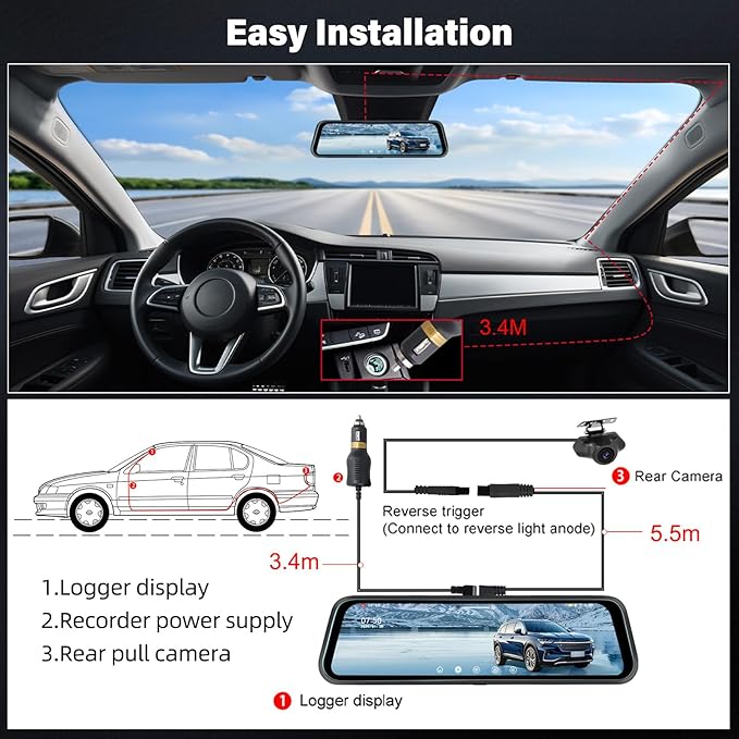 Rear View Mirror Camera, Mirror Dash Cam for Car 1080P Front & Rear Mirror Cameras 9.66 Inch HD IPS Full Touch Screen 64G Card Night Vision Motion Detection Loop Recording 24H Parking Monitor