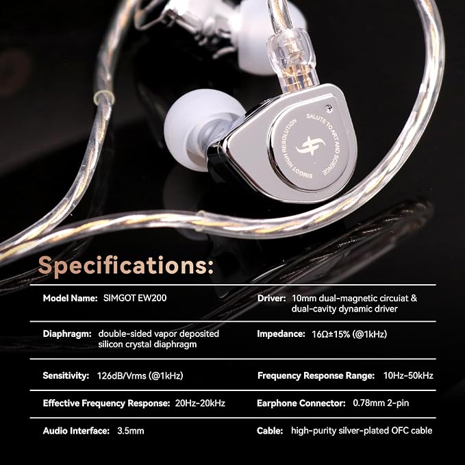 Linsoul SIMGOT EW200 10mm SCP Diaphragm Dynamic Driver in-Ear Earphones with All Metal Body, Detachable 0.78mm 2pin Silver-Plated OFC Cable for Audiophiles Musicians (EW200 Without Mic)