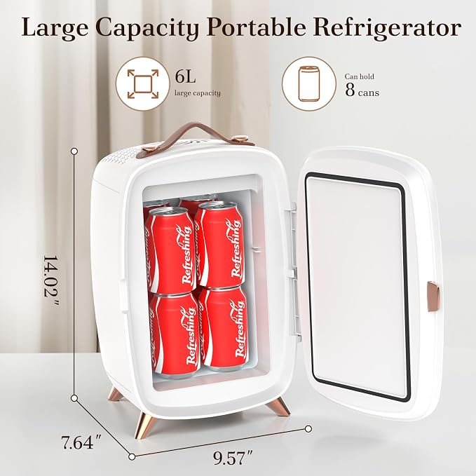 Electactic Mini Skincare Fridge with Dimmable LED Mirror, 6L Makeup Fridge Holds 8 Cans, 7° Lean-Back Mirror Design, Portable Cosmetic Refrigerator for Skincare, Beauty Products & Drinks, White