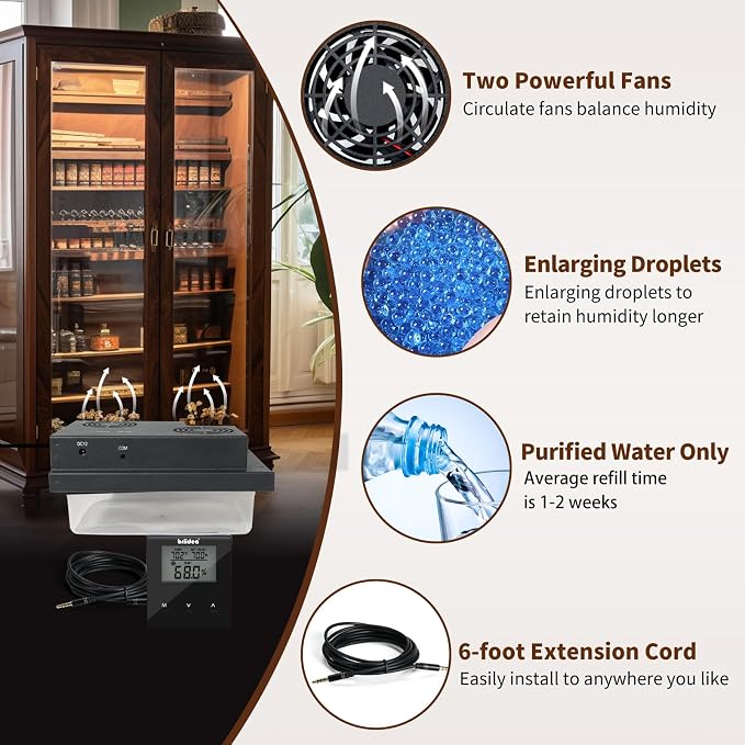Briidea Electric Humidifiers for Cabinet (1-8 Cubic Ft.), 30% RH~80% RH Humidity Setting Values, Perfect Monitoring Temperature and Humidity, 12V Adapter Power Supply