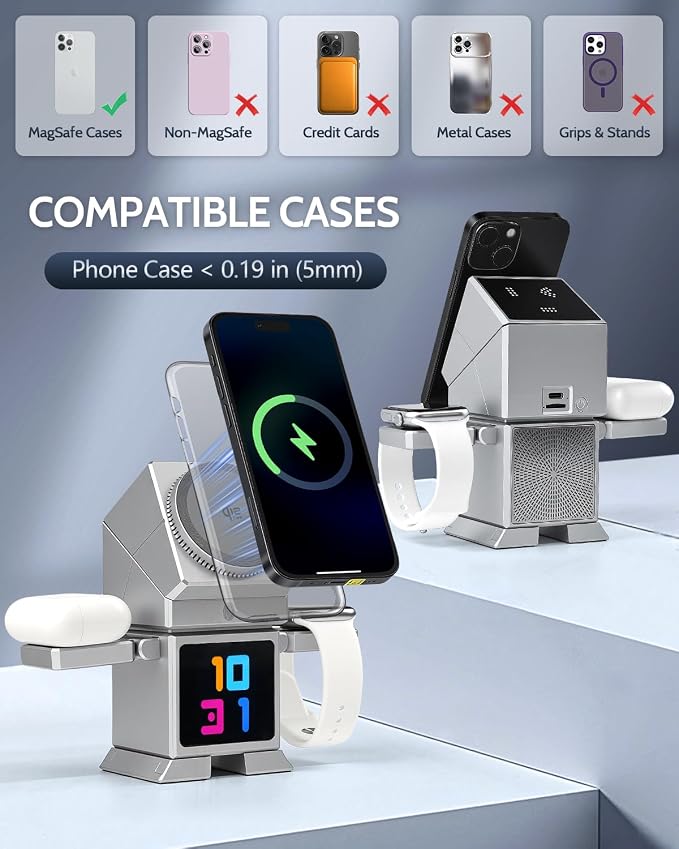ModiTech 7 in 1 Wireless Charging Station for Apple - Qi2.2 Certified 25W Magnetic Magsafe Charger Stand for iPhone 17/16/15/14/13/12 - Apple Watch - Airpods Series, Silver with Adapter