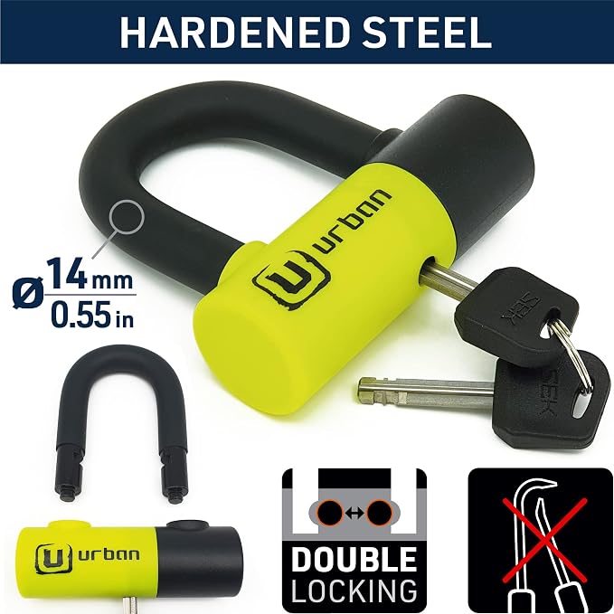 Urban UR59 High Security Motorcycle Disc Lock, ø14 mm Double Locking Mini U, Hardened Steel, Dual Funtion for Brake Wheel or Chain, Reminder Cable, Heavy Duty Anti Theft Device for eBike Scooter