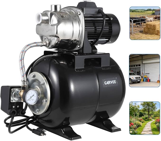 Garvee 1.6 HP Shallow Well Pump with Pressure Tank, 1320 GPH, Water Jet Irrigation Pump, Automatic Pressure Switch, Stainless Steel, for Home, Farm, Garden & Yard, Black