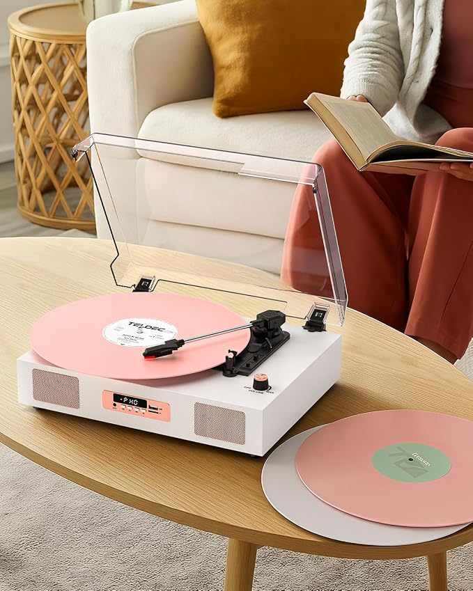 Vinyl Record Player Vintage Wireless Bluetooth Record Player with Stereo Speakers, USB/TF Card Recording, LP Player with 3 Speed Belt Drive Turntable Support RCA Line-Out AUX Input EQ,White& Rose Gold