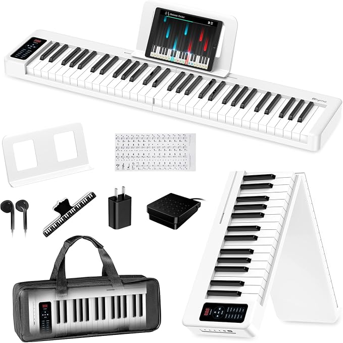 Rhymo Folding Piano Keyboard, 61 Keys Sensitive Electric Piano, Semi-Weighted Portable Electric Keyboard with Bluetooth MIDI, Digital Foldable Keyboard for Beginners(White)