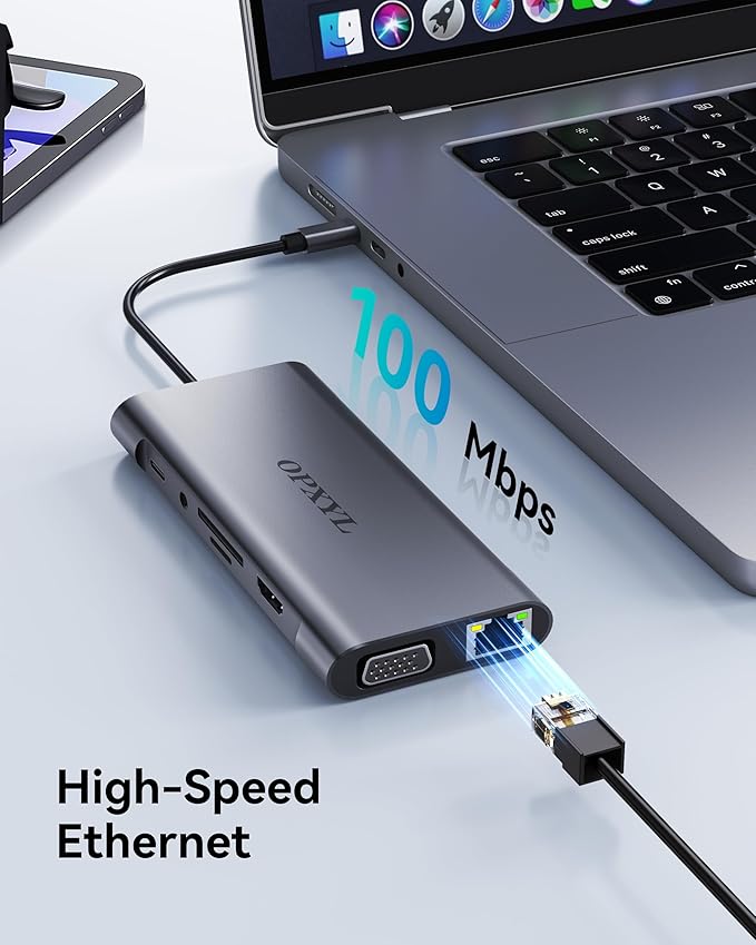 OPXYL 11-in-1 USB C Hub Multiport Adapter, USB C Docking Station with 4K HDMI, VGA 1080P, 100W PD, Ethernet, SD/TF, Audio, USB 3.0 Port, Laptop Dock for MacBook Pro/Air, iPad, Windows