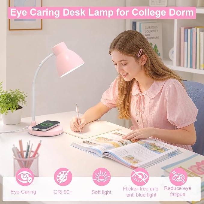 Desk Lamps for Home Office - LED Desk Lamp with Wireless Charger, 3 Color Modes Dimmable Eye-Caring Study Reading Desk Light, Small Flexible Arm Table Lamp for College Dorm Room Bedside, Pink