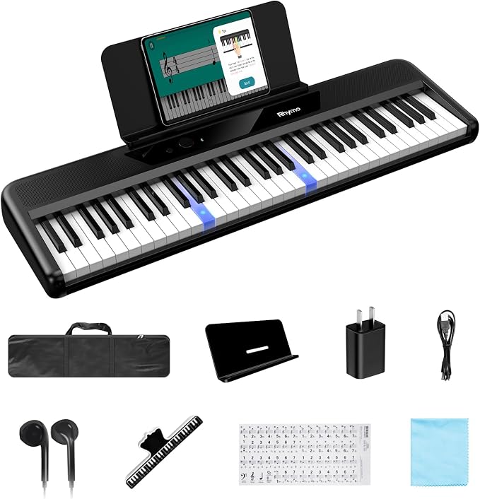 Rhymo 61-Key Velocity-Sensitive Lighted Piano Keyboard, 10W Dual Speakers, Dynamic Touch Sensitive Keys, Bluetooth & App-Enabled for Beginner Adults Kids