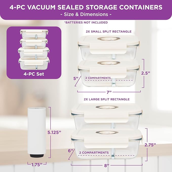 HOLDN’ STORAGE Vacuum Food Storage Containers, Set of 4 Compartment Containers & Electronic Pump - Keep Food Fresh Longer, BPA-Free Glass, Leak-Proof, Ideal for Meal Prep, Marinating