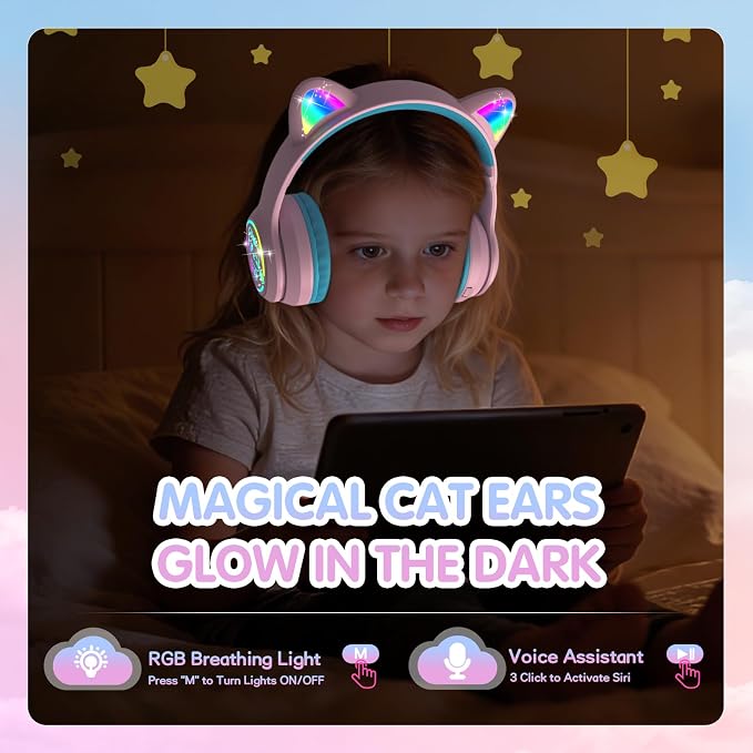 IFECCO Kids Wireless Headphones with Case,Cute LED Light Up Cat Ear Children Girls Bluetooth 6.0 Headphones Volume-limiting for School iPad Tablet Gifts
