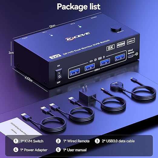 KVM Switch 2 Monitors 2 Computers Displayport HDMI 4K@144Hz, USB3.0 Dual Monitor KVM Switch for 2 Computers Share 2 Monitors and 4 USB Peripherals,Wired Remote 12V Adapter and 2 USB Cable