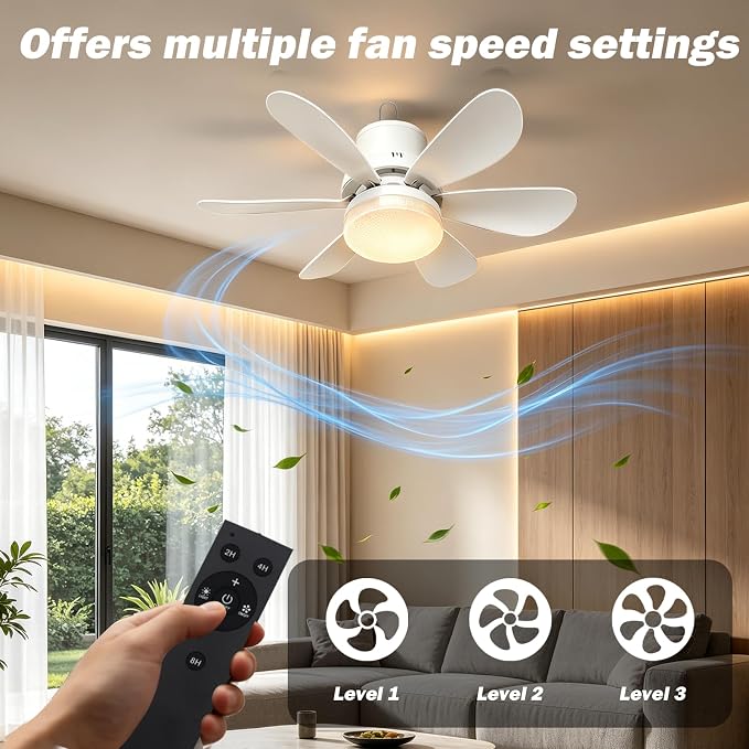 Solar Ceiling Fan Light, 17.3" 10000mAh Battery Operated Portable Gazebo Fan with Remote, Foldable Solar Panel for Camping RVs Tent Patio Canopy Chicken Coop Outside