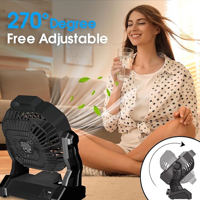 JINLICTE Portable Camping Fan, Rechargeable Battery Powered Tent Fans for Camp Hanging, [13-60Hrs Runtime], 9 Inch, Stepless Speed, Powerful&Quiet, for Picnic, Barbecue, Fishing, Travel, Home, Tent