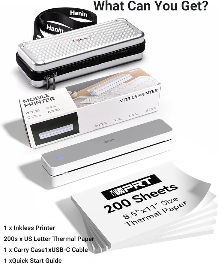 iDPRT MT610Pro Portable Thermal Printer with Case &200 Sheets Paper, 300DPI HD Mobile-Travel-Printers, Inkless-Wireless-Small-Printer for Home Use, Office, Vehicles, Bluetooth Printers, White