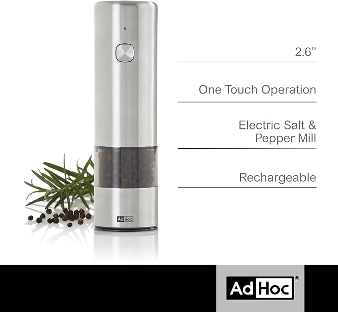 AdHoc Electric Salt & Pepper Grinder - One-Button Operation - Uses SilentDrive for Quiet Operation - Battery Powered - Mill with CeraCut Ceramic Grinders - Regular