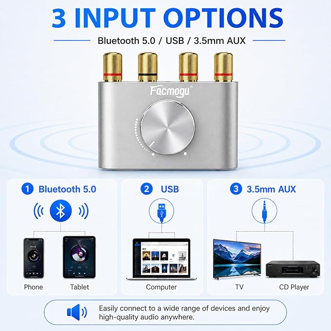 Facmogu F900S 160W Bluetooth 5.0 Mini Amplifier, 80Wx2 2.0CH Audio Power Amplifier, Hi-Fi Stereo Sound Digital Amp Wireless Speaker Amp Receiver w/AUX/USB/BT Input & 12V 5A Power Adapter - Silver