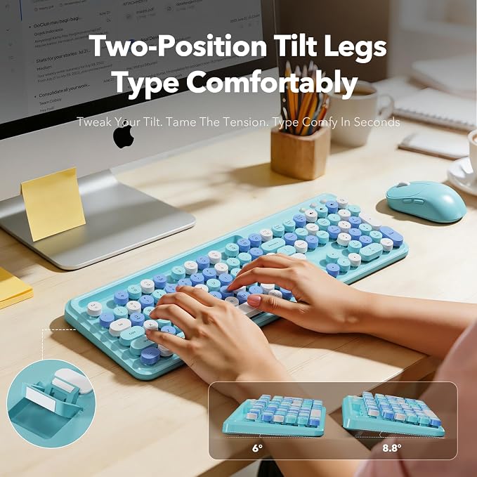 Wireless Keyboard and Mouse Combo, Retro Round Keycaps, Full-Size Cute Typewriter Keyboard with Large Phone/Tablet Holder, Auto-Sleep, 2.4GHz Cordless for Windows/PC/Laptop, Trueque CK13 (Sky Blue)
