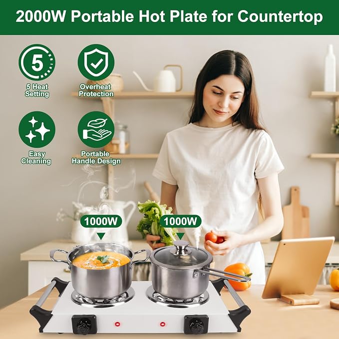 2000W Double Burner Electric, Portable Hot Plate for Cooking, Cooking Stove with 5 Temperature Adjustments, Countertop Burner Cooktop for Kitchen, Dorm