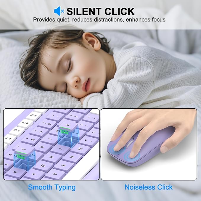 Wireless Keyboard and Mouse Combo, Full-Size Silent Ergonomic Keyboard and Optical Mouse, Long Battery Life, 2.4G Lag-Free Mice Keyboard for Computer, Mac, Laptop, PC, Windows(Purple)