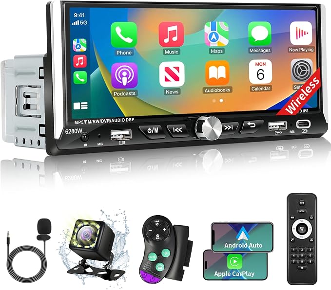 Single Din Radio Car Stereo with Wireless Apple Carplay & Android Auto, 6.9" IPS Touchscreen Car Stereo with Bluetooth 1080P Backup Camera Mirror Link Navigation USB Type-C Fast Charging FM/AM EQ SWC