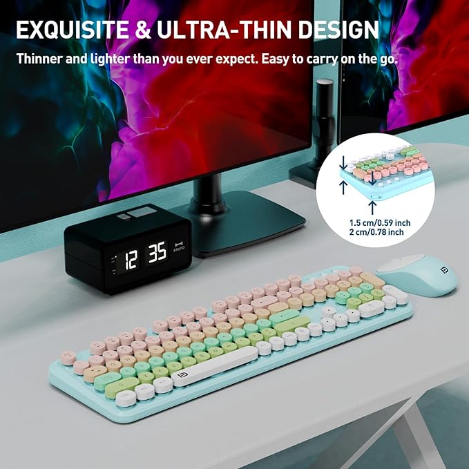 Wireless Keyboard and Mouse Combo, Cute Retro Typewriter Style Round Key Keyboard for Long Nails,2.4GHz Full Size Clicky Aesthetic Colorful Keyboard with Number Pad for PC Laptop Desktop, Pink Green