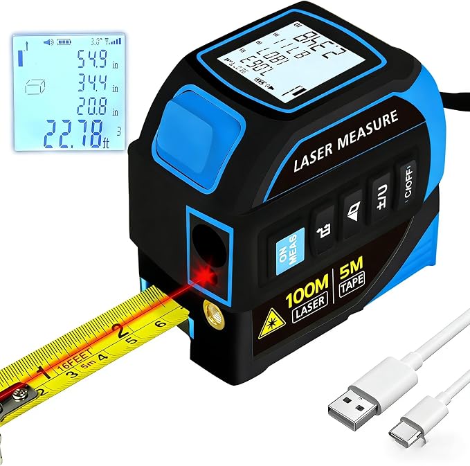 4-in-1 Laser Tape Measure 328FT, Digital Laser Distance Meter,16FT Steel Tape, Dual-Axis Electronic Angle & Crosshair Level, Area/Volume/Pythagorean, LCD Rechargeable Measuring Tool (Blue)