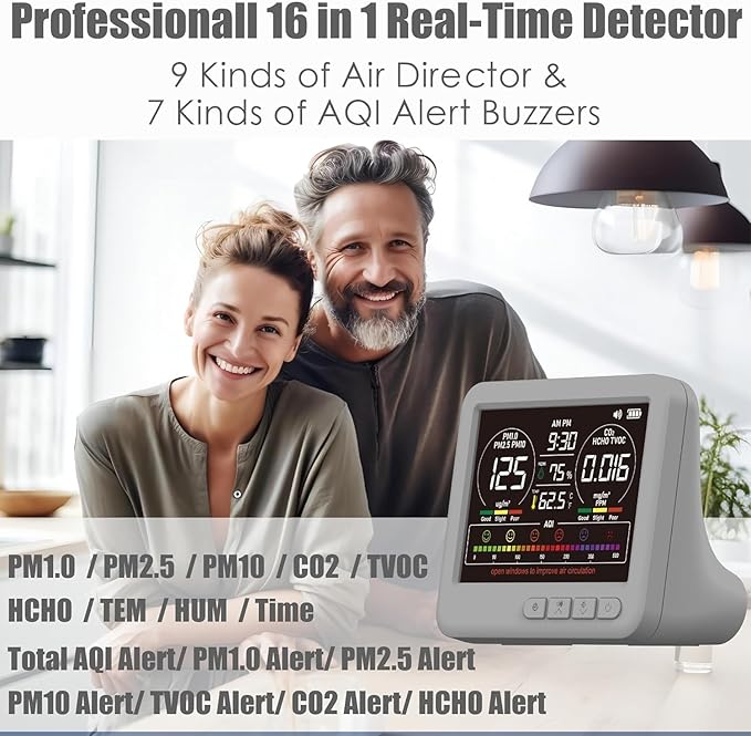 Professional 16-in-1 Portable Indoor Air Quality Monitor with AQI Reminder, Real-Time Air Detector for Home, Bedroom, Office, Car & Daily Use