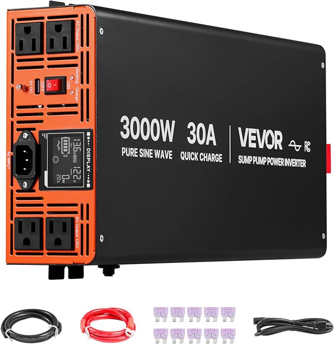 VEVOR 3000W Sump Pump Battery Backup System, LCD Display, Auto Switches to Battery Inverter Power for Sump Pump, Pure Sine Wave, for Basement Protection Emergency and Power Outage, Battery Not Include
