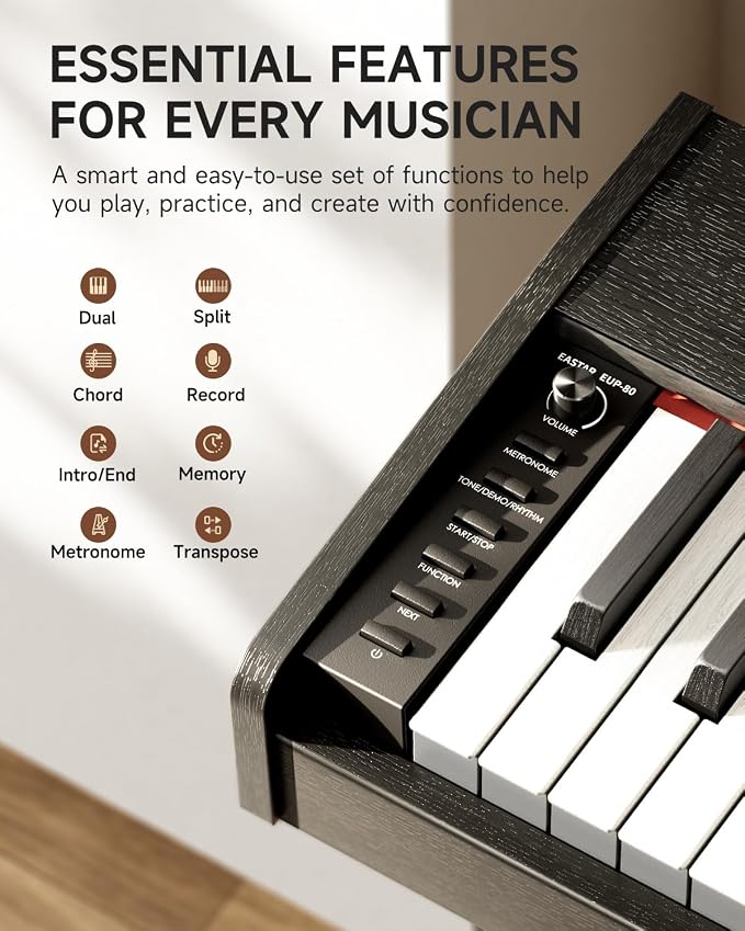 Eastar EUP-80 Digital Piano 88 Key Velocity-Sensitive Keyboard, Full-Size Electric Piano Keyboard for Beginner, Upright Keyboard Piano Bundle Music Stand, Pedal, Headphones and Stickers