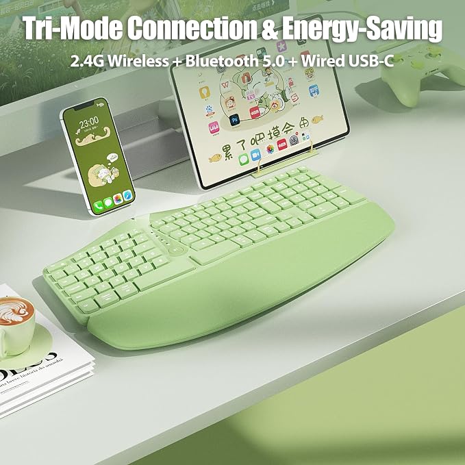 Bow Split Ergonomic Keyboard Wireless with Cushioned Wrist & Palm Rest, Wireless 2.4G/Bluetooth/Wired USB-C, Comfortable Natural Typing, Compatible with Windows/Mac/PC/Laptop, Matcha Green