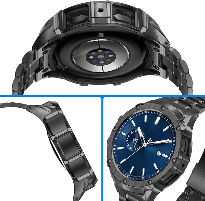 BAITEYOU Stainless Steel Bands with Case Compatible with Samsung Galaxy Watch 4 5 44mm, Rugged Protective Case Cover and Metal Band for Galaxy Watch 4 5 44mm for Men (Grey)