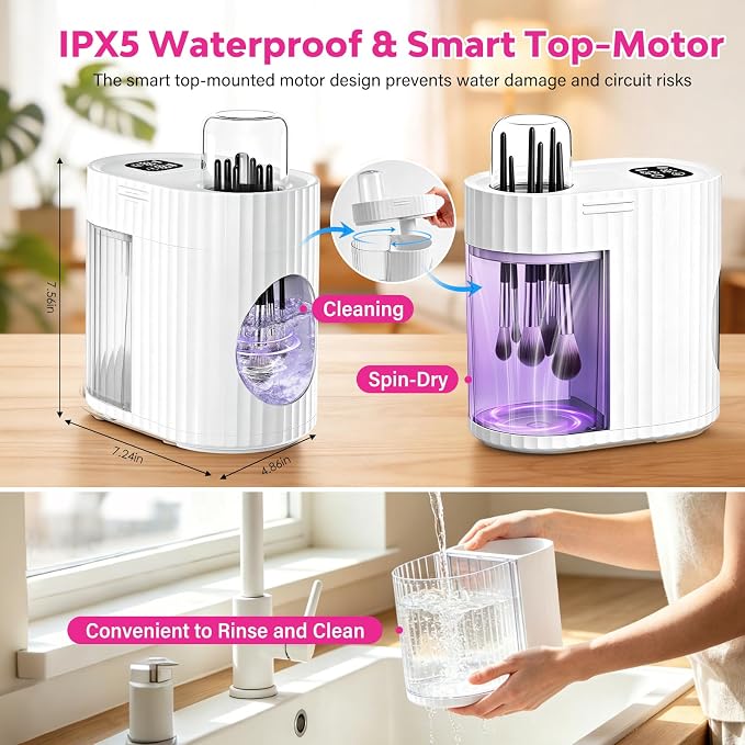 Electric Makeup Brush Cleaner Machine, 3-IN-1 Automatic Cleaning & Fast Drying, 1200RPM High-speed Spinning, Adjustable Timer, LED Display, 7 Slots for All Brush Sizes, USB Powered, Pure White