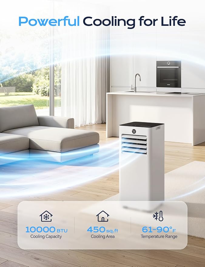 Tehanld 10,000 BTU Portable Air Conditioner, 4-in-1 AC Unit with Sleep, Cool, Dehumidifier & Fan, Cools up to 450 sq.ft, Remote Control, 24H Timer & Window Mount Kit, Bedroom