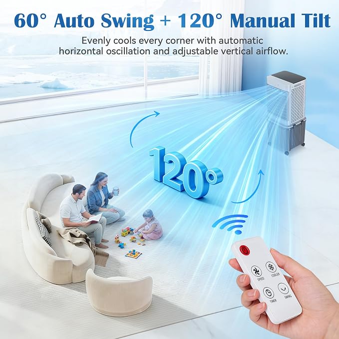 Swamp Cooler, [8GAL|2237 CFM] Portable Air Conditioners, 2 Modes 3 Speeds Portable AC Blow Cold Air, 120° Swing & 7H Timer, 30H+ Cooling, Windowless Air Conditioner w/Remote for Room, Office, Patio