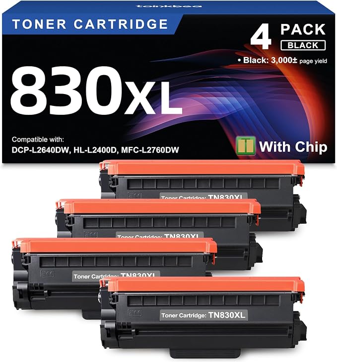 TN830XL Black Toner Cartridge Ink for HL-L2460DW Printer Replacement for Brother TN830 XL TN830 TN-830 Toner Set for DCP-L2640DW HL-L2460DWXL HL-L2405W MFC-L2820DW MFC-L2820DWXL, 4PK (with Chip)