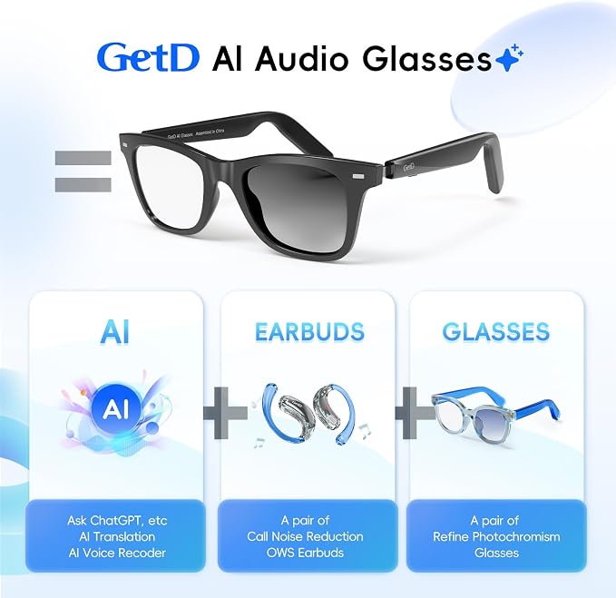 GetD 2026 AI Glasses for Men & Women, Smart Glasses Powered by ChatGPT, AI Real-time Translation with 145 Languages, 11H Music Play, Bluetooth Glasses with Photochromic Lens for Daily Use, Travel