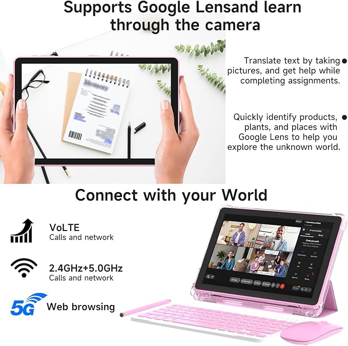 10 Inch Tablet Android 15 Tablets with Case 4+16GB RAM+128GB ROM, 6000mah Battery 10 in Android Tableta, 2MP+8MP Dual Camera 10.1'' IPS HD Touch Screen Tab (Pink+Keyboard)