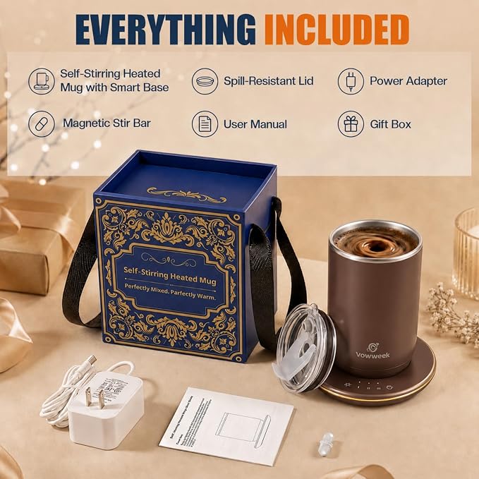 Self Stirring Heated Coffee Mug, 10 oz Auto Magnetic Mixing Cup, MochaBrown | 304 stainless steel interior. Includes 3 heat settings, 8H auto shut-off, plug-in base for home office desk