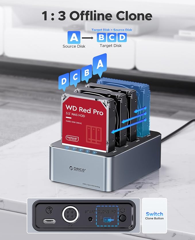 ORICO USB-C Hard Drive Docking Station with Offline Clone 4 Bay Aluminum USB 3.2 Gen 1 for 2.5''/3.5'' SSD HDD Up to 20TB(4*20) -6646C3