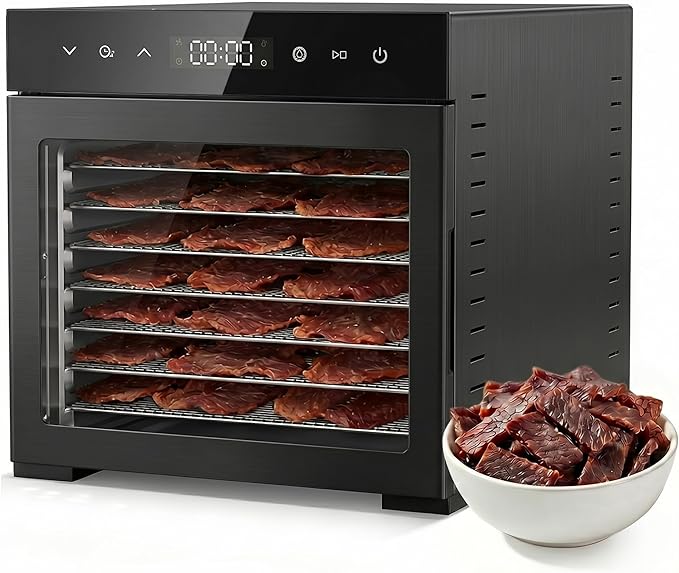 OLIXIS Food Dehydrator Machine, 500W Jerky Dehydrators with 8 Stainless Steel Large Trays, 185°F Temperature Control & 24H Timer Food Dryer for Fruit Meat Herb Dog Treats, Black