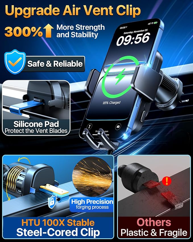 HTU 2026 Upgraded Wireless Car Charger Mount, 【Strongest Suction & Military-Grade Certs】 15W Fast Charging Auto-Clamping Phone Holder for Dash Windshield Air Vent, Fit for iPhone & Android, Jet Black