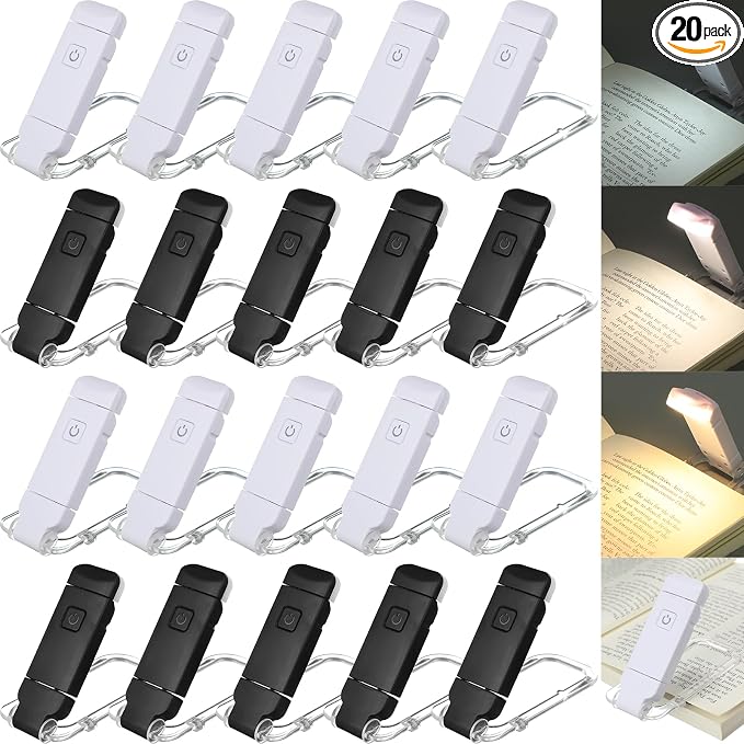 Retisee 20 Pack USB Rechargeable Book Light for Reading in Bed Foldable Clip on LED Booklight 3 Amber Colors &2 Brightness Dimmable Long Lasting Portable Bookmark Lamp for Book Lovers