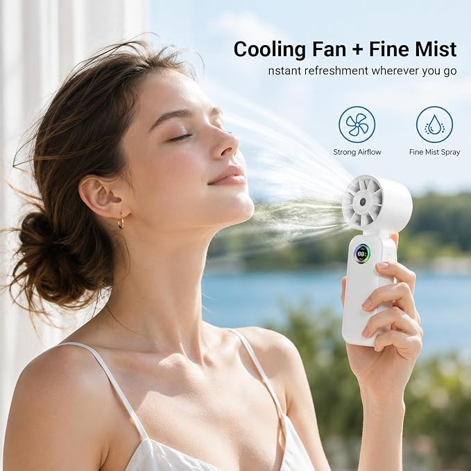 Clip-On Portable Fan with Misting, 4000mAh Up to 12H Battery Life Hand Mini Foldable Fan, 360° Rotating USB Rechargeable Turbo Quiet Stroller Fans for Travel Outdoors and Office Use (White)