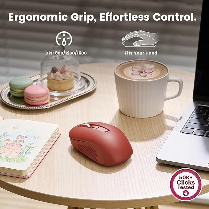 Wireless Keyboard and Mouse Combo with Magnetic Wrist Rest, Round Keycaps, Full-Size Retro Typewriter-Style Keyboard, Two-Stage Tilt Legs, Auto-Sleep, 2.4GHz Wireless for Windows PC Laptop, Wine Red