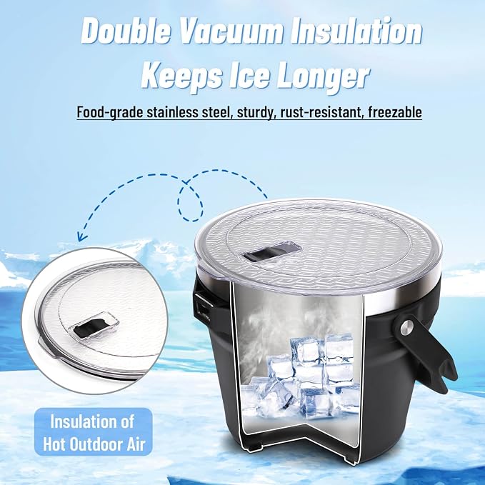 Luxfuel Double-Wall Vacuum Insulated Ice Bucket with Lid, Scoop & Tongs, 256 oz Capacity Stainless Steel Beverage Bucket for Champagne, Cocktails, Wine, Beer, and Large Party - Carbon