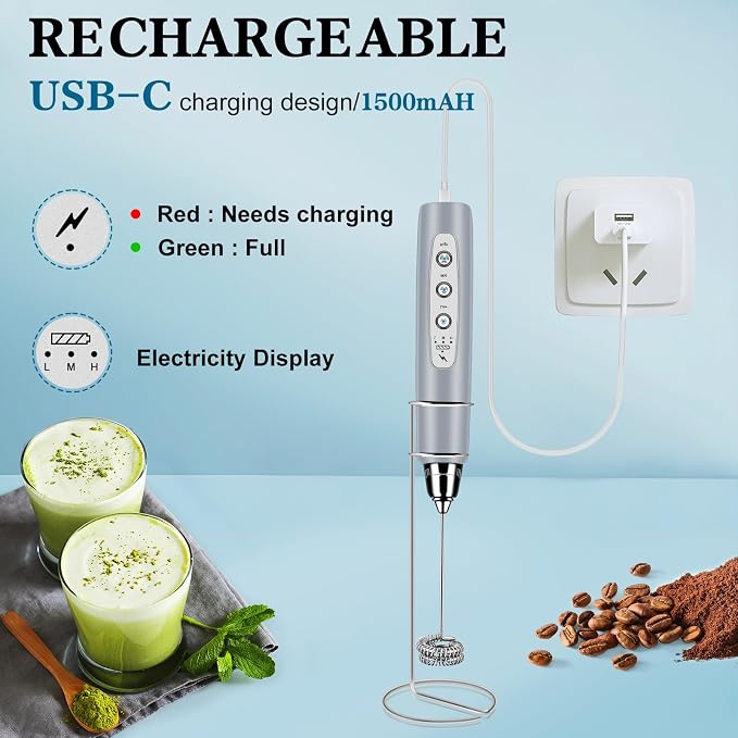 BSRGMS Milk Frother Handheld with Stand, Electric Whisk 3 Speed Adjustable, Drink Mixer with Stainless 3 Whisks, Rechargeable Hand Frother Wand, Foam Maker for Latte Cappuccino Matcha Egg Cement Gray
